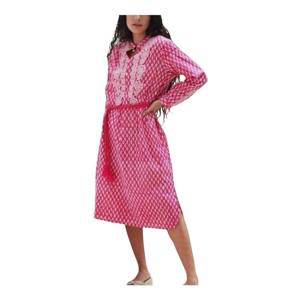 Ex Voto Ivy Caftan Midi Dress Small Raspberry Block Print Embroidered Belt NWT